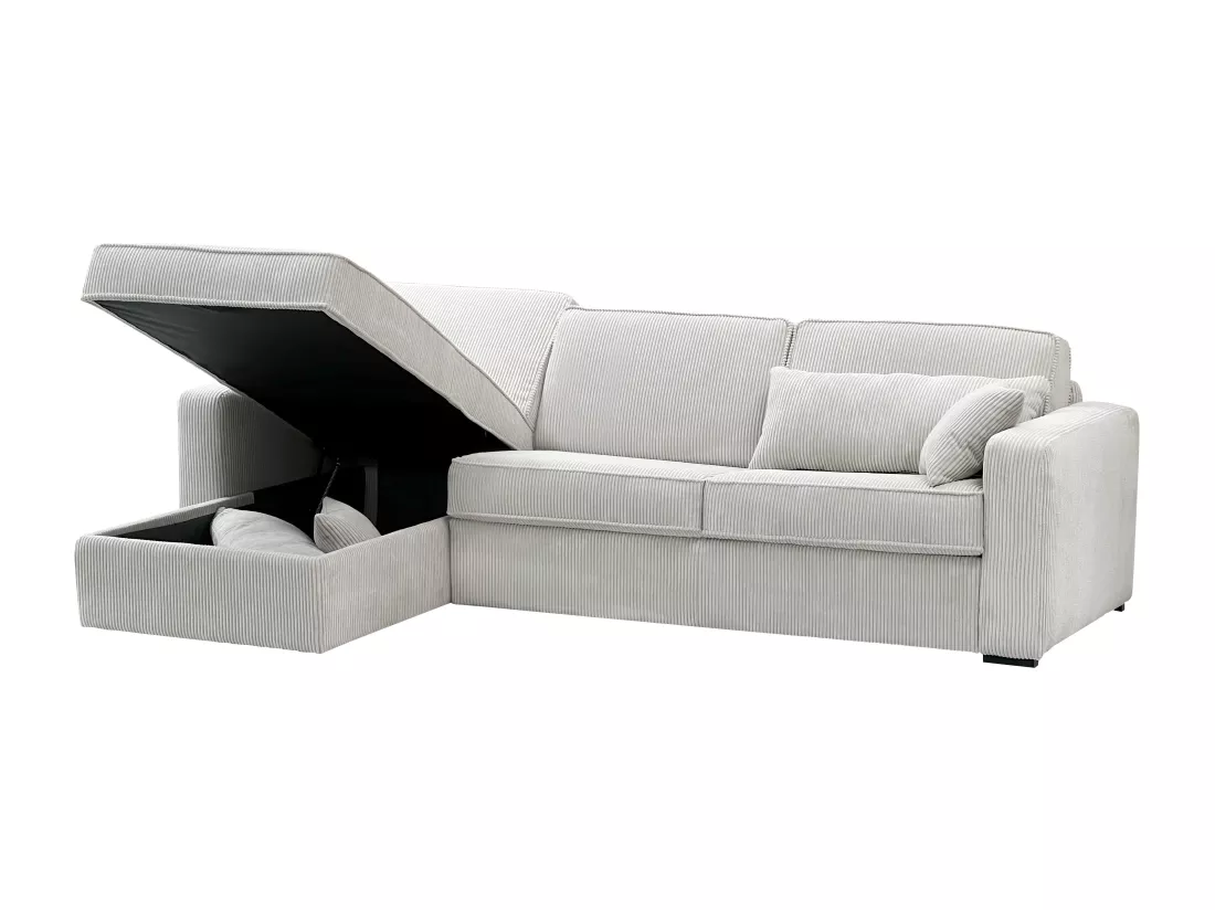 Canapé d'angle convertible express et réversible en velours côtelé beige - Matelas 13 cm - Couchage 140 cm - MONDOVI