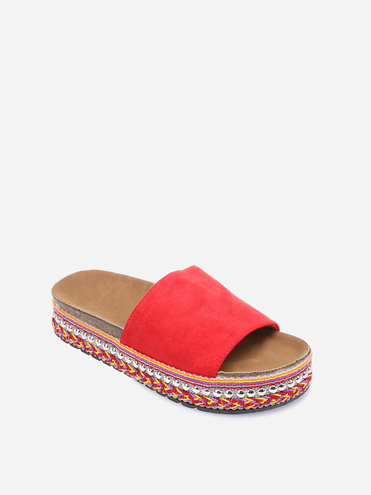 Mules à semelles cloutées et à motifs ethniques- Rouge