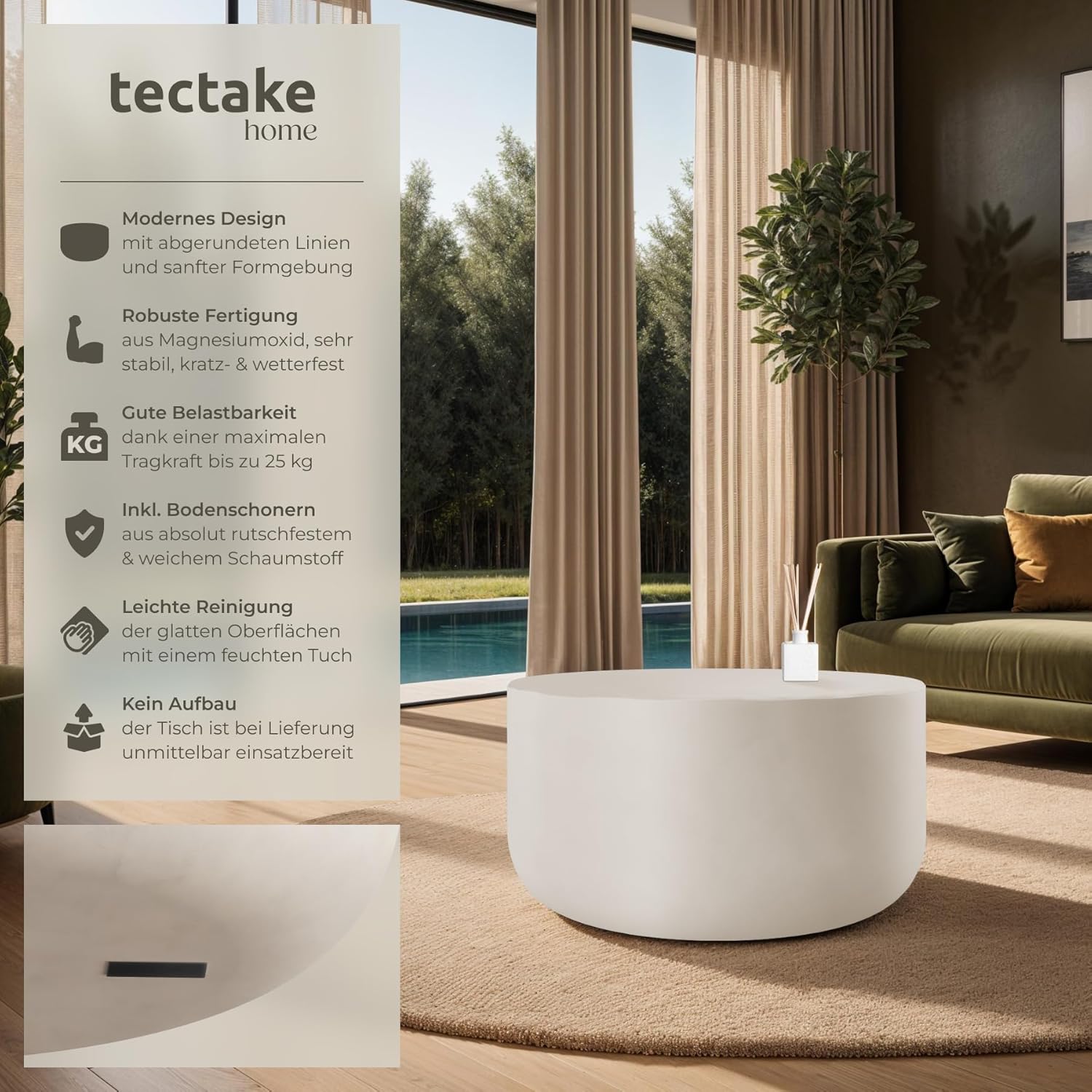 tectake® Couchtisch rund, Beistelltisch für in- und Outdoor, runder Side Table als Wohnzimmer oder Balkon Möbel, als Coffee Table, Gartentisch, Couch Tisch, Aesthetic Room Decor - weiß