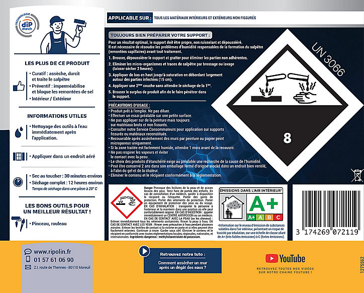 Traitement murs humides et salpêtre intérieur extérieur incolore Ripolin 0,75L