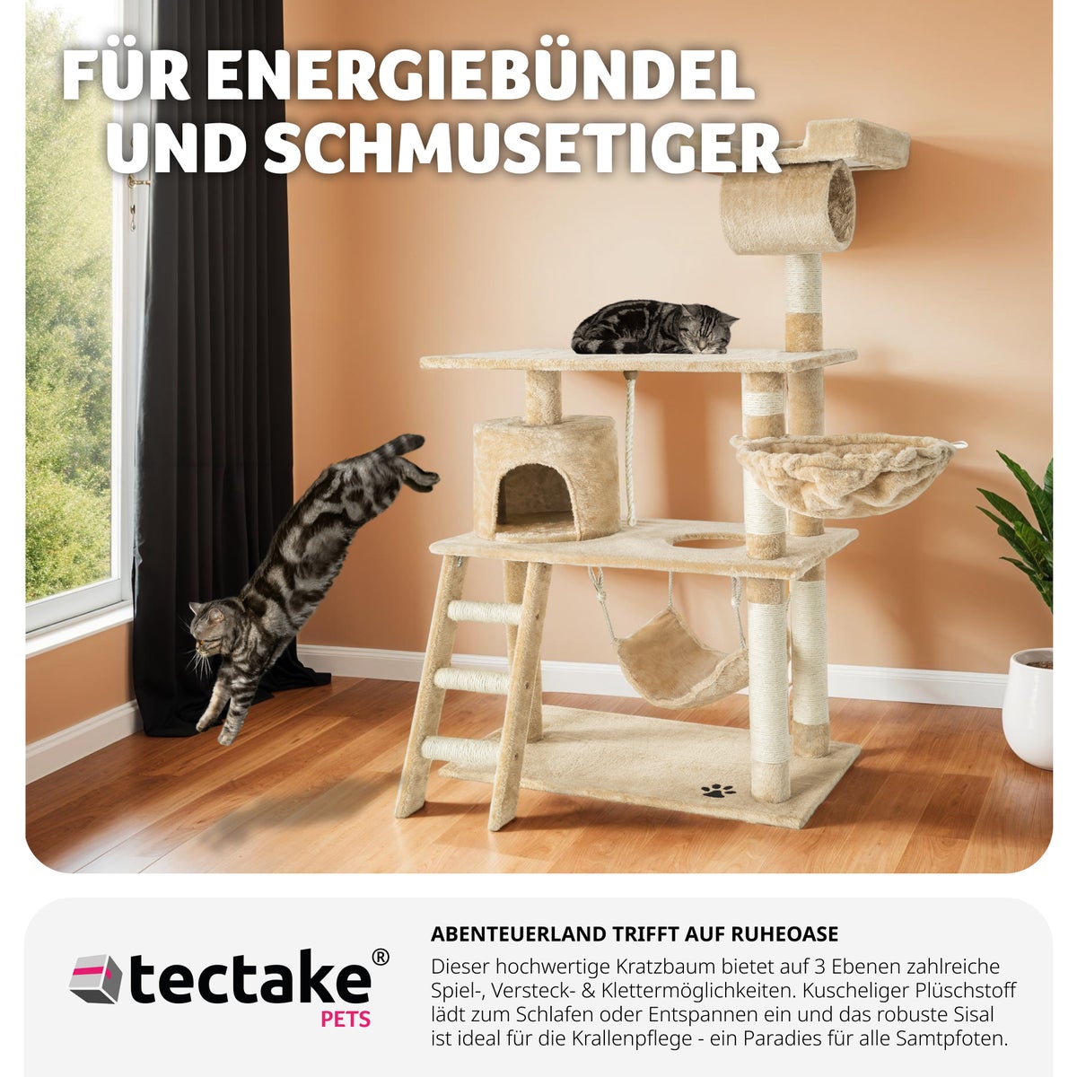 tectake Marcel 141 cm krabpaal inclusief trap, speeltouw en kantelbeveiliging
