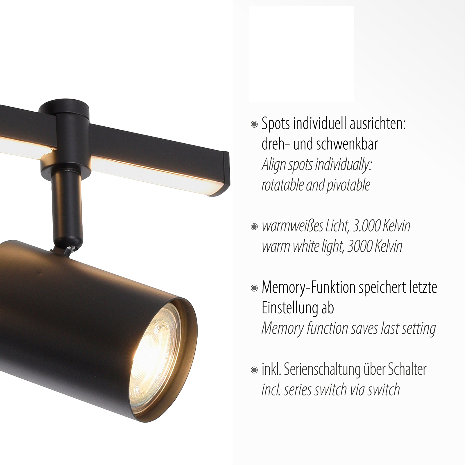 LED-Spotbalken - Metall - schwarz - 2-flammig - schwenkbar