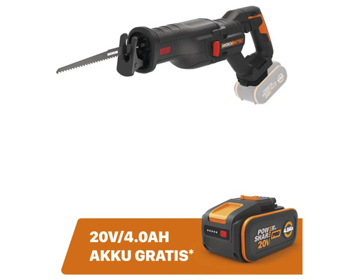 WORX Nitro 20V WX516.9 snoerloze reciprozaag, borstelloze motor + GRATIS bonusartikel 20V accu WA3644 (4,0Ah)