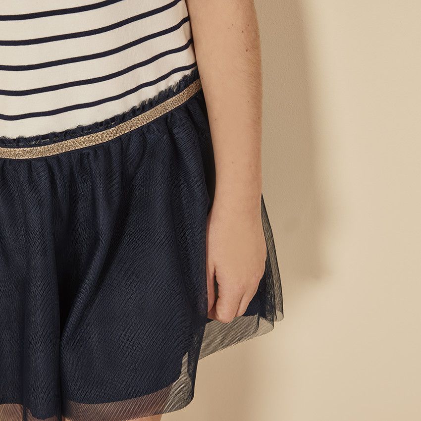 Robe manches courtes bi-matière effet 2 en 1 rayée pour fille - Bleu marine