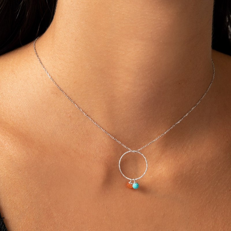 Collier Cercle Argent Rhodié Turquoise Et Cornaline Véritable