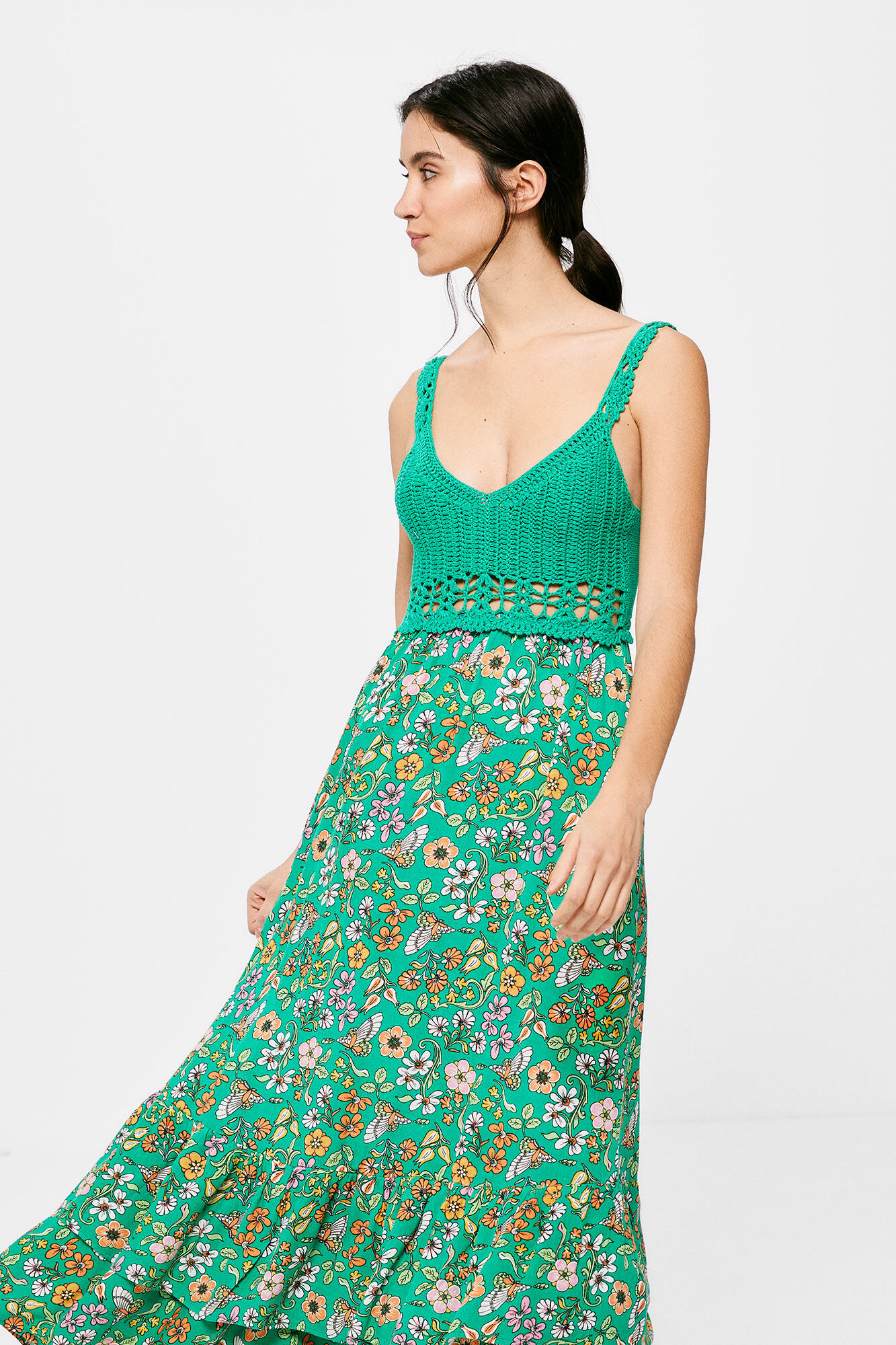Vestido midi de malha combinada - Verde