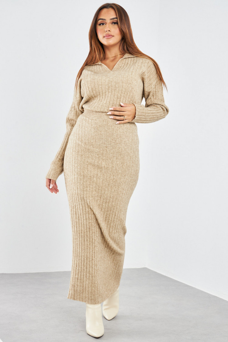 Ensemble 2 pièces pull + jupe côtelé taupe