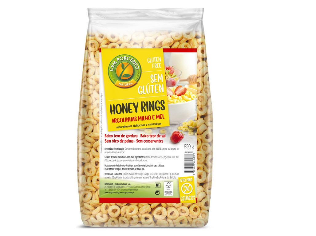 CEREAIS CEM PORCENTO HONEY RINGS SEM GLÚTEN 250G