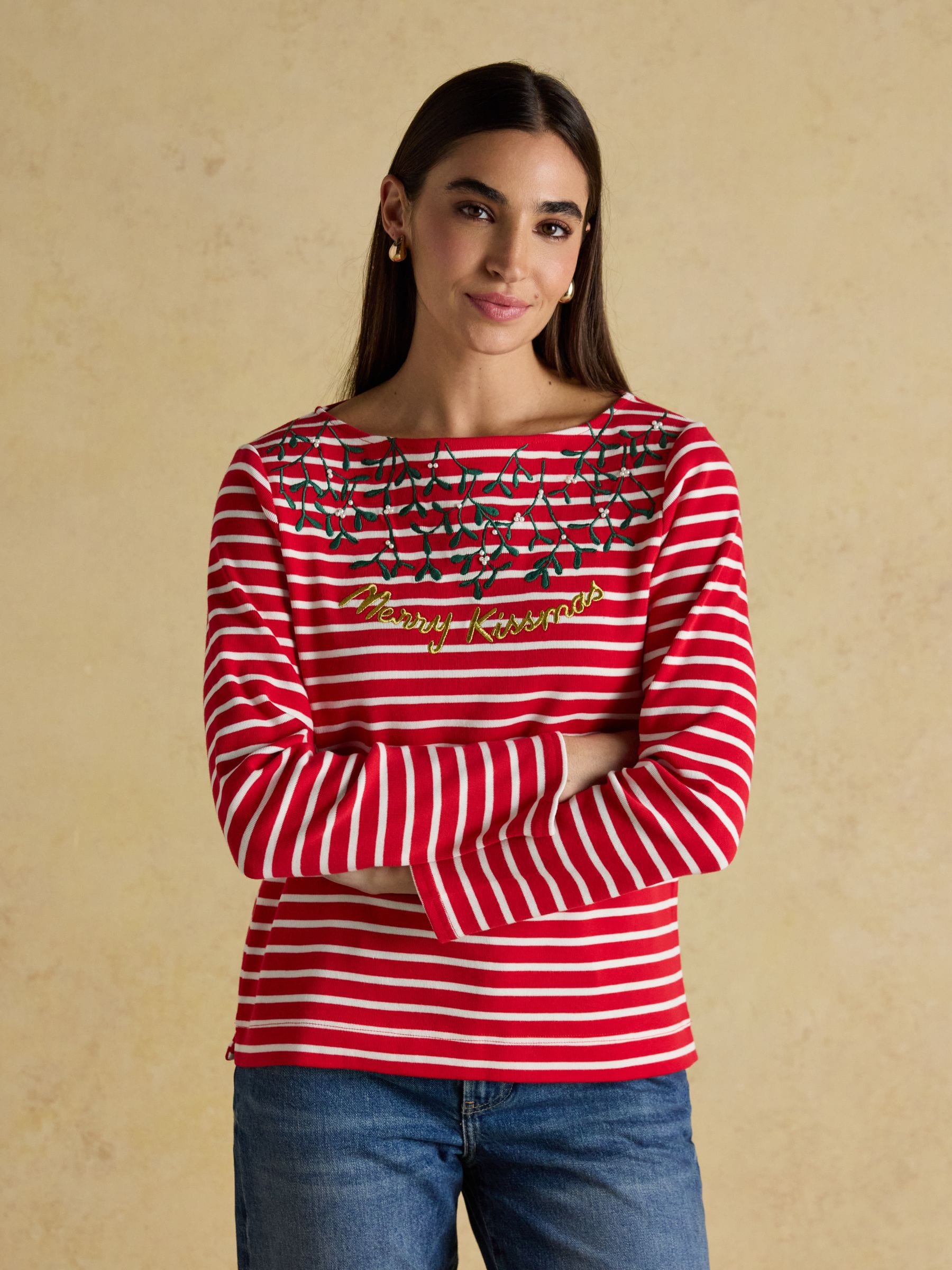Merry Kissmas Red/Cream - Joules Christmas Harbour Boat Neck Breton Top