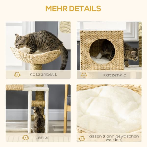Kløestolpe 100,5H cm, kattetre med kattehule, seng, kattetrapp med sisal skrapestolper, pute, for små katter, naturlig