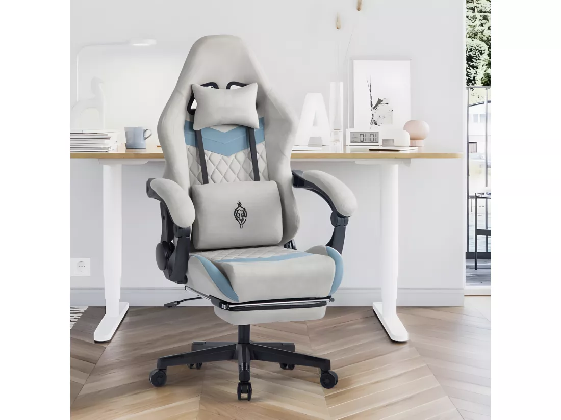 Chaise de jeu avec repose-pieds, chaise de bureau en tissu gris