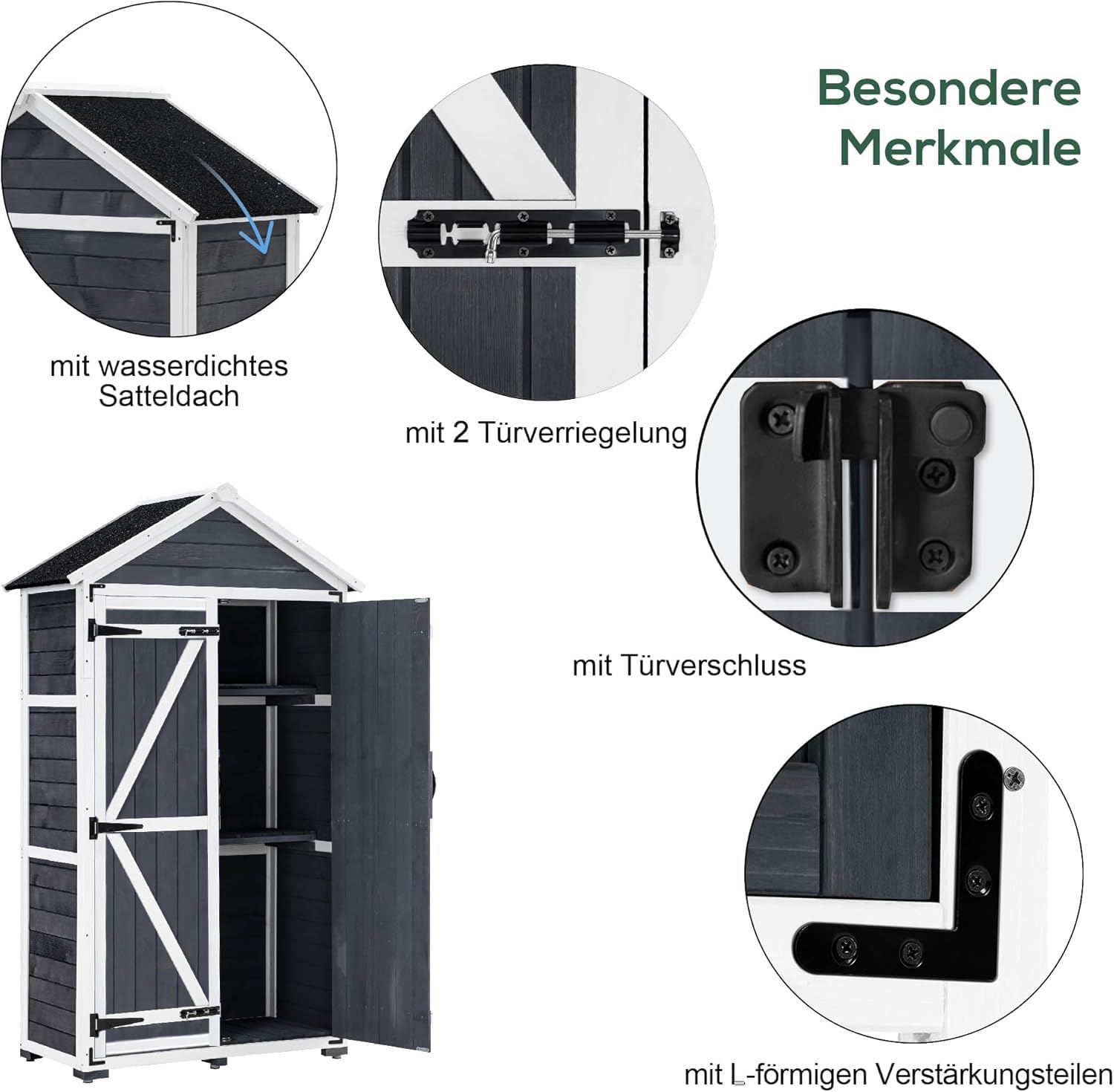 MCombo Gartenschrank Geräteschuppen Werkzeugschrank Outdoor-Schrank Gartenbox mit Satteldach aus Holz Grau/Natur 1000EY, 48 X 90 X 178 cm (Grau)