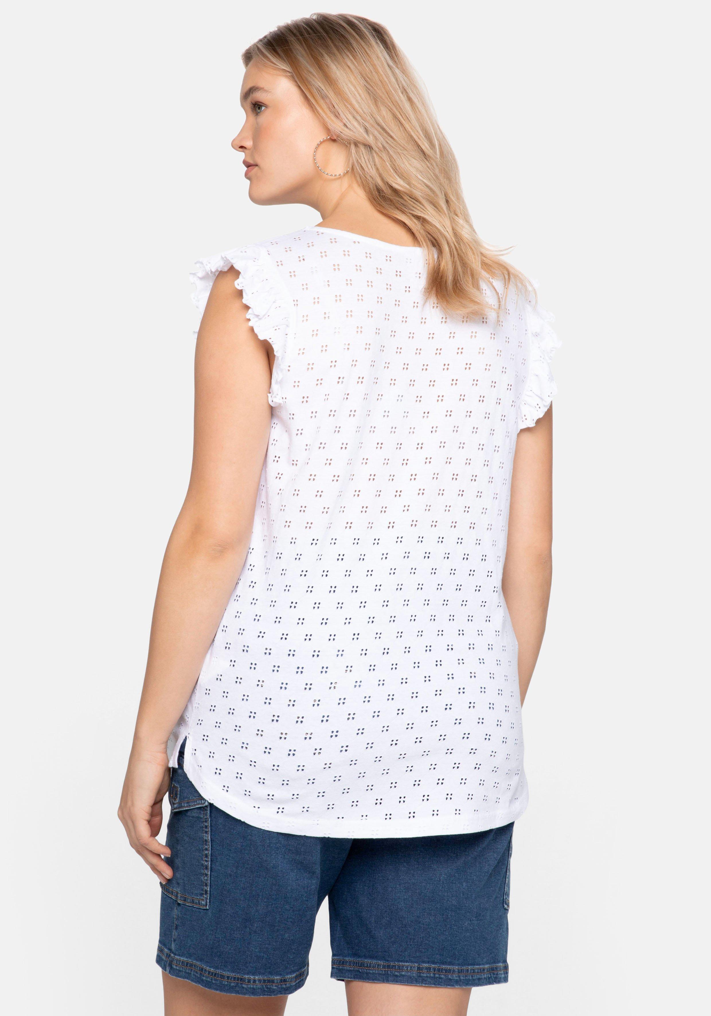 Jerseytop mit Lochmuster und Rüschen