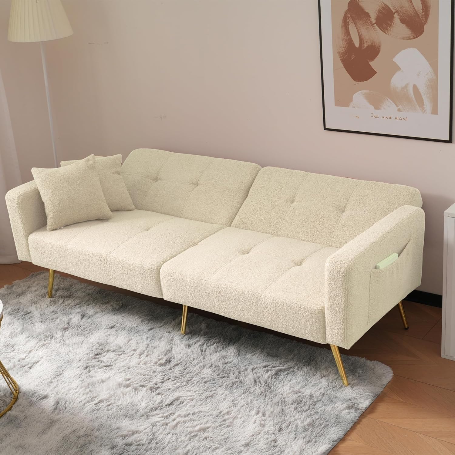 2-in-1 Schlafsofa Sofa Couch mit Schlaffunktion, Verstellbarer Rückenlehne, goldenen Beinen, mit Kissen (Beige)