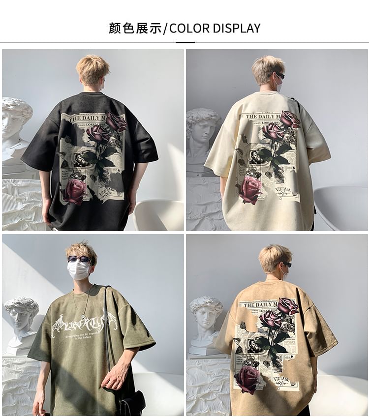Bay Go Mall - T-shirt met korte mouwen, ronde hals en bloemenprint in krantenstijl