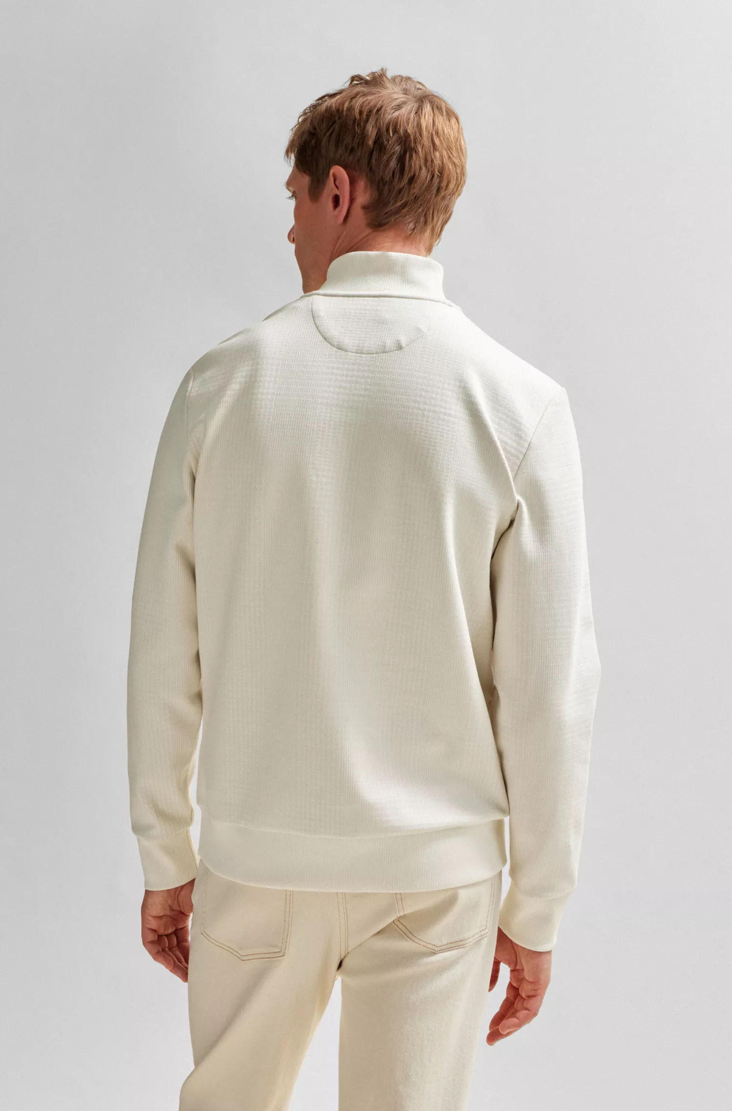 Moletom BOSS Camel com zíper no pescoço em jacquard de algodão elástico