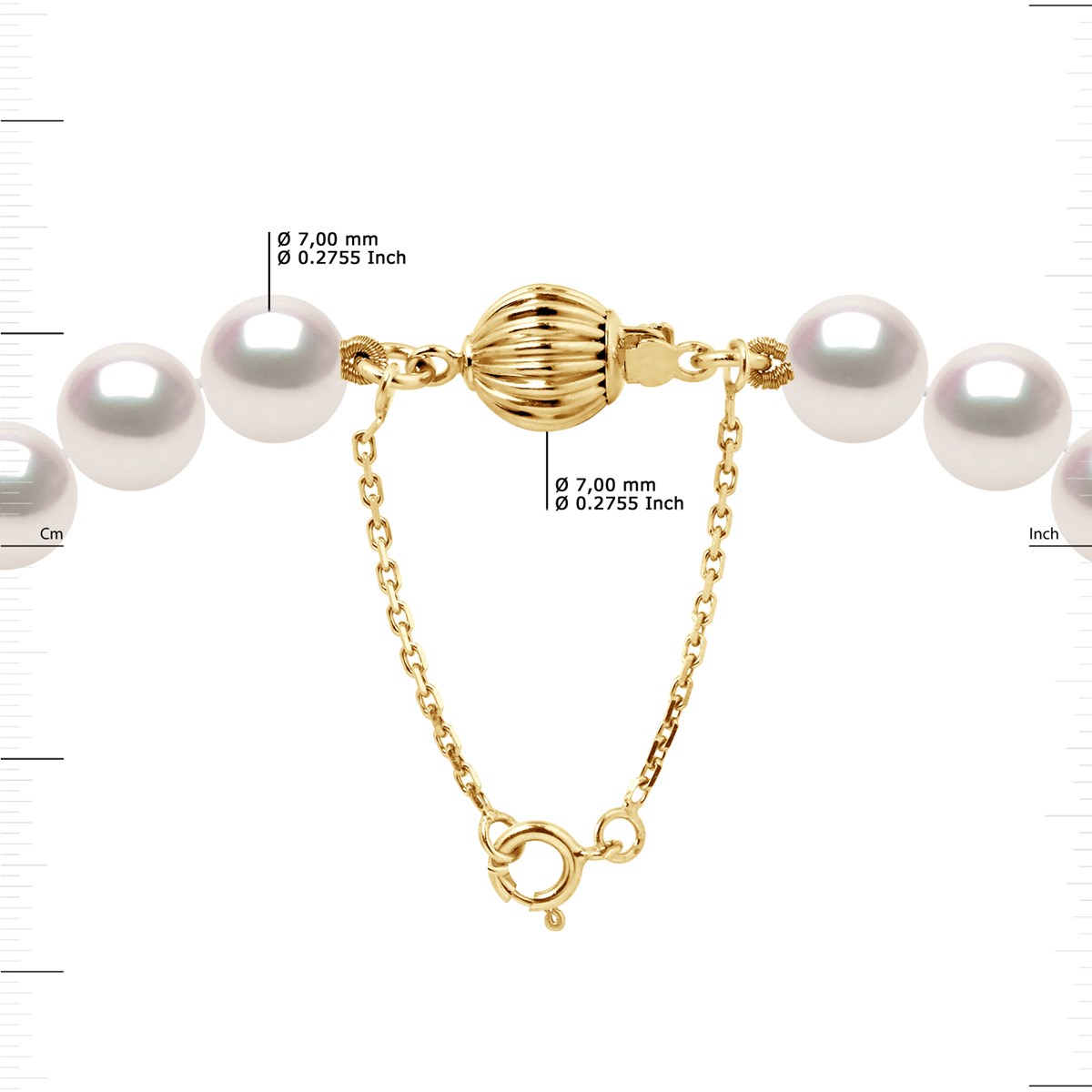 Collier Rang Perles AKOYA JAPONAISE Rondes 7,5-8 mm Chaîne de Sécurité Or Jaune 18 Carats