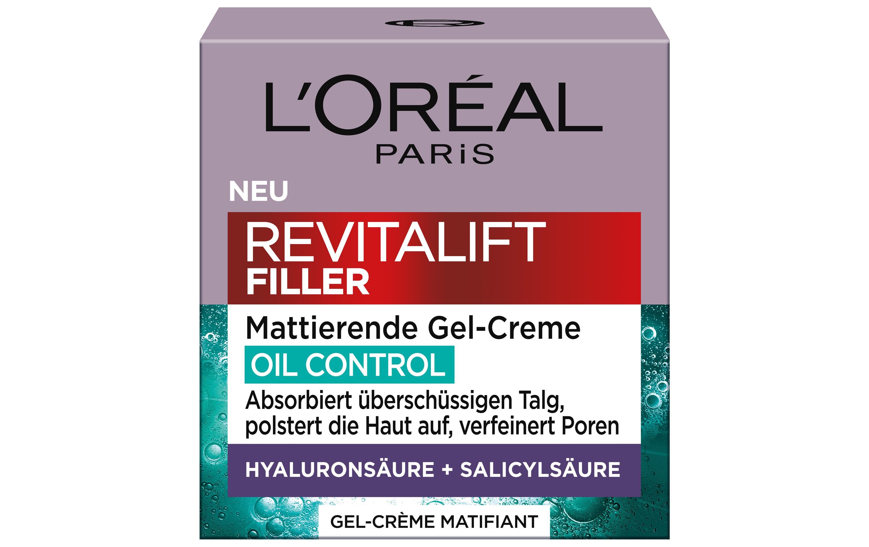 Gesichtscrème Revitalift Filler Oil Control 50 mlMattierende Gel-Creme absorbiert überschüssigen Talg und verfeinert die Poren