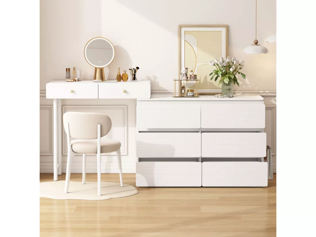 Coiffeuse,Commode 6 tiroirs,Trois niveaux, six tiroirs,Comprend des armoires latérales coulissantes,sans chaises ni miroirs,Blanc,180x40x85cm