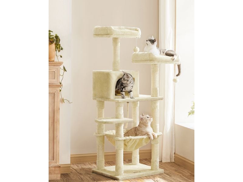 Feandrea Kratzbaum mit Hängematte 143 cm, Beige Kuscheliges Katzenhaus
