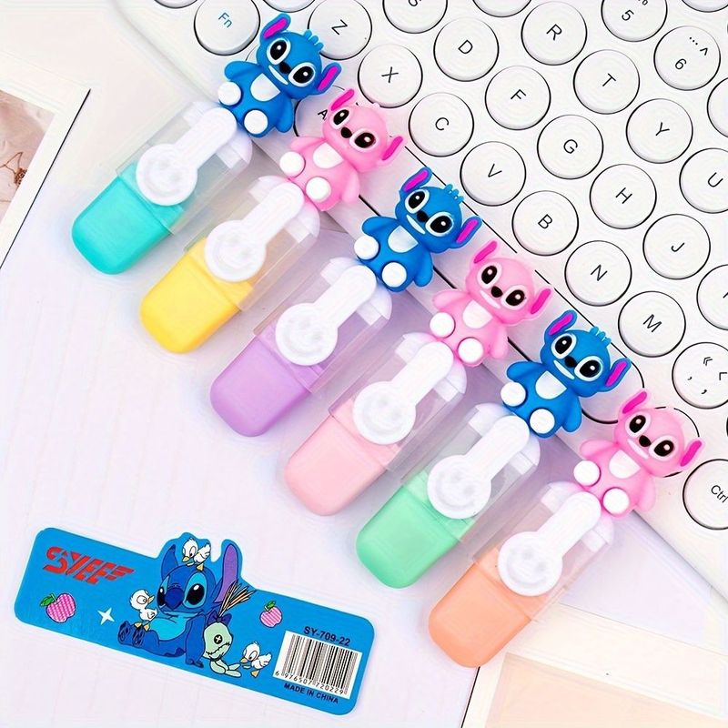 6 stuks Disney Stitch Mini Markeerstiften - Lilo & Stitch Cartoon 6-Kleuren DIY Notitieblokpen Set, Schattig Cadeauset voor Studenten