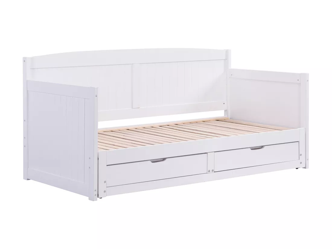 Lit gigogne banquette 90 x 190 ou 180 x 190 cm - Avec sommier peigne et tiroirs - Pin et MDF - Blanc + Matelas - DINIVA