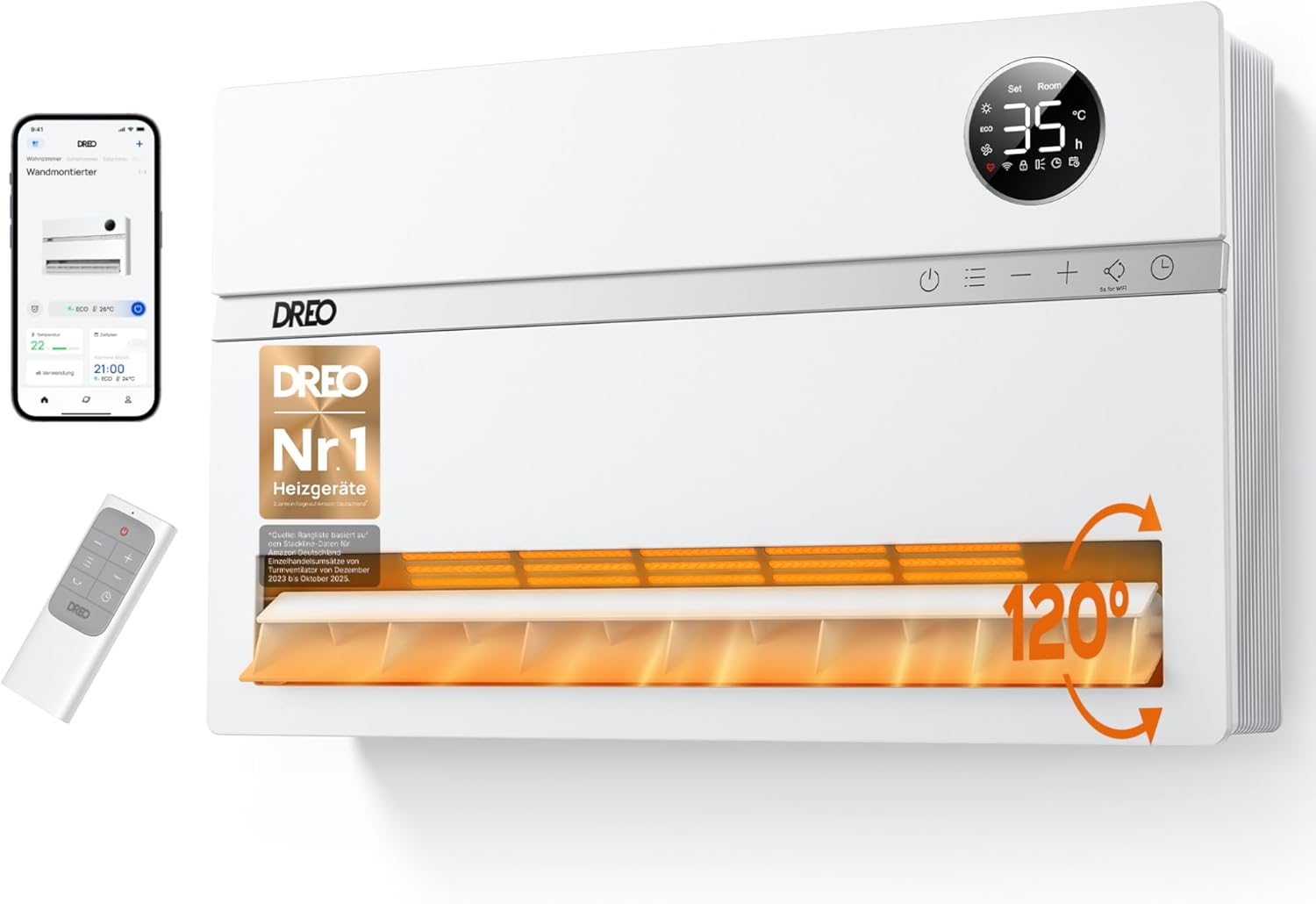 Dreo Smart Heizung Elektrisch, 2000W Elektroheizung Wandkonvektor mit Fernbedienung & App, 120° Oszillation, 5 Modus 3 Geschwindigkeit, 24H Timer, PTC Keramik Heizlüfter Energiesparend mit Thermostat