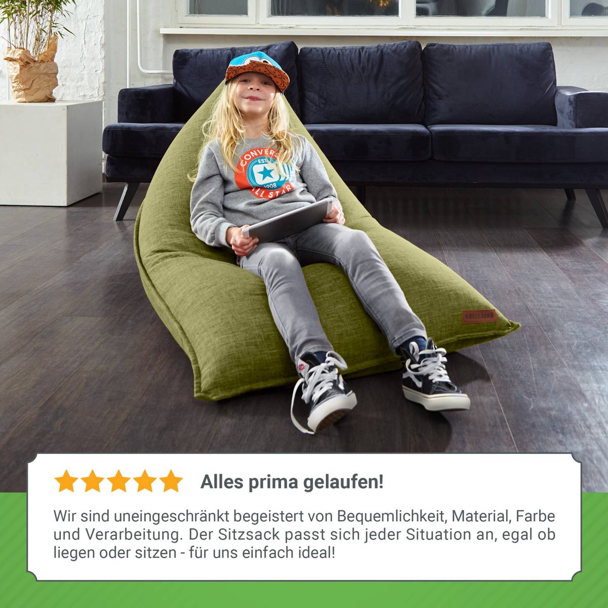 Green Bean Triangle Zitzak 150x100x100cm met 220 liter EPS-korrelvulling - Knuffelzacht en wasbaar - Binnenkussen van stof voor op de vloer, ligstoel en zitkussen - Groen