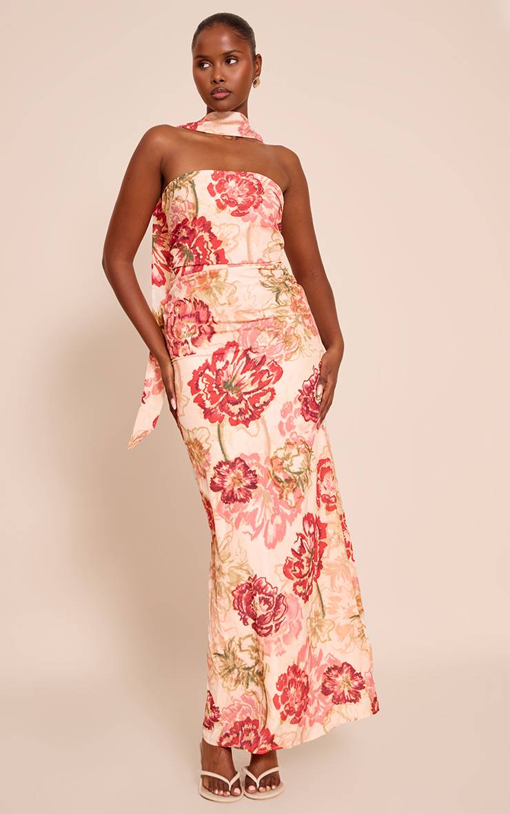 Multicolore Robe Longue En Mousseline À Imprimé Fleuri Avec Bustier Et Détail Foulard