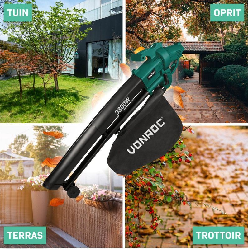 VONROC 3-in-1 Bladblazer - 3300W - Blazen, Zuigen & Versnipperen - 270km/h - Incl. 40L Opvangzak