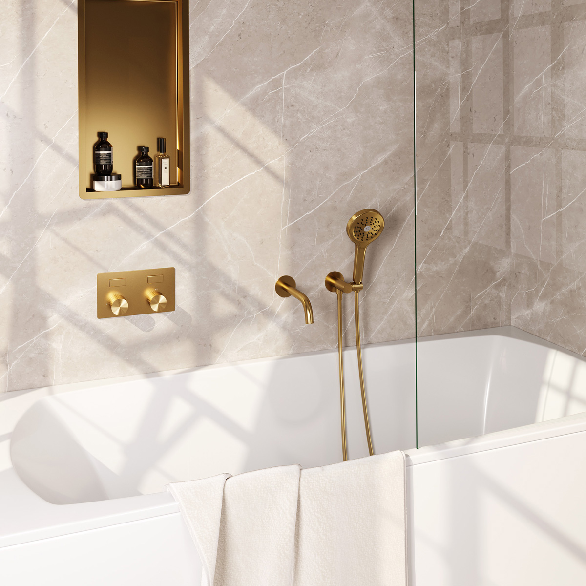 Brauer Stripe inbouw badkraan met drukknoppen en 3 standen handdouche messing geborsteld PVD