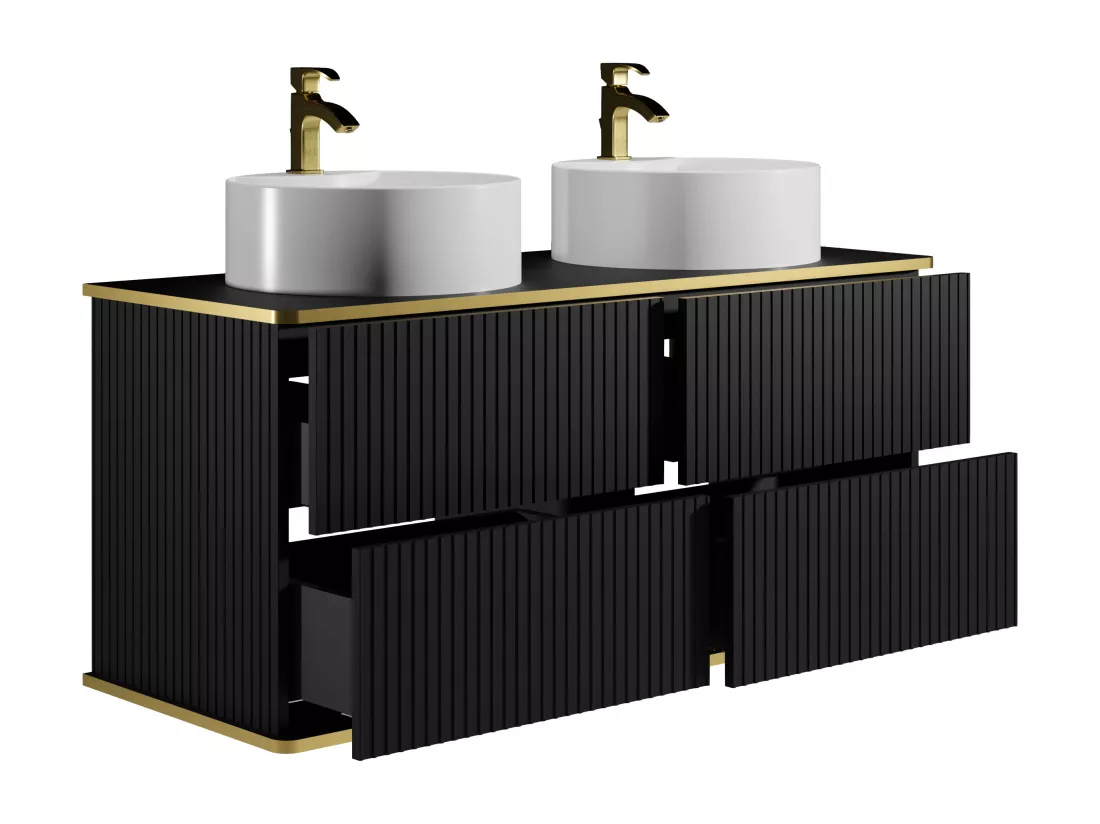 Meuble de salle de bain suspendu strié liseré doré avec double vasque à poser ronde - Noir - 120 cm - KELIZA
