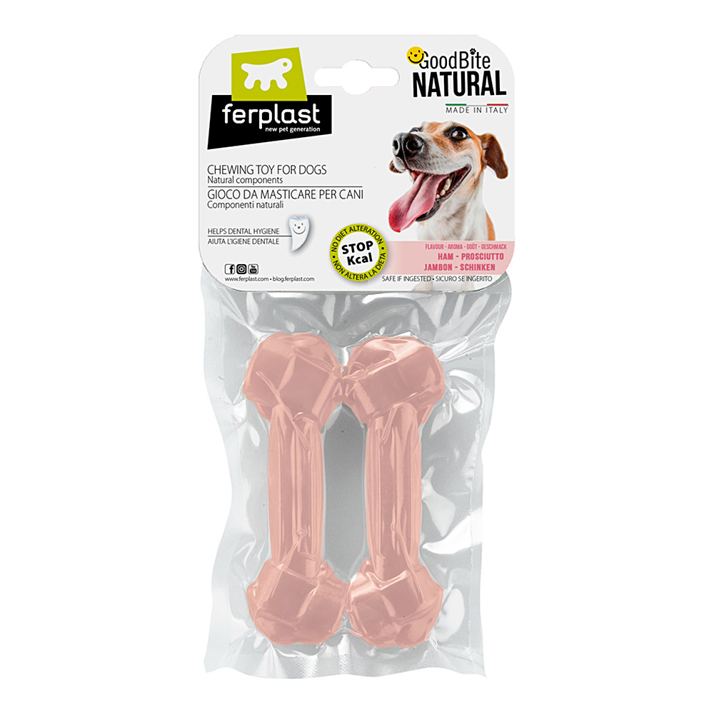 Ferplast goodbite natural m jouet os pour l'hygiène dentaire, saveur de jambon, chien moyen (8-16 kg), naturel, 2 pièces de 70g