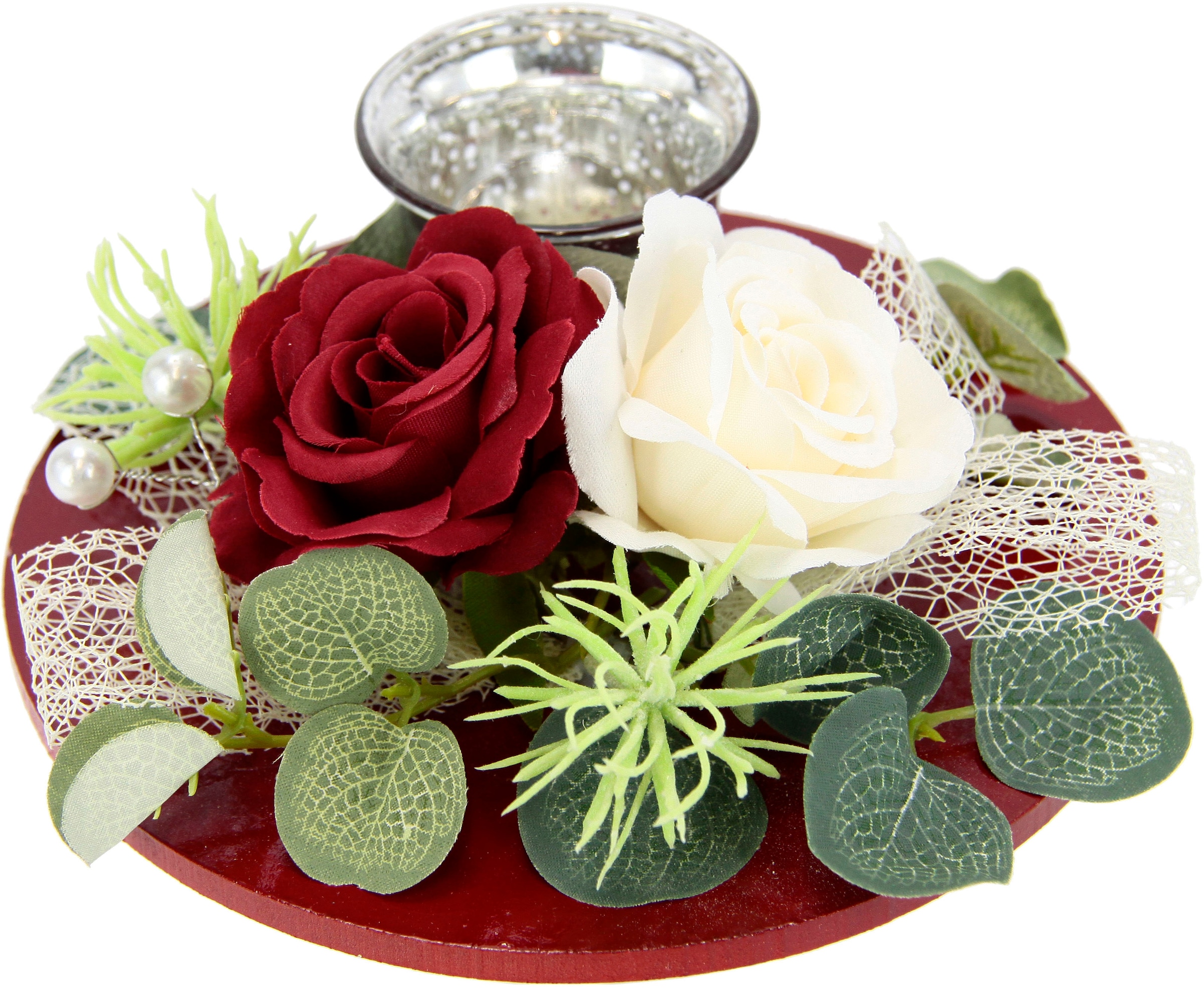 I.GE.A. Teelichthalter »Mit Glaseinsatz und Teelichtkerze, künstlichen Rosen Eukalyptus« Kerzenständer Kerzenhalter Tischdeko Kerzen Muttertag Valentinstag