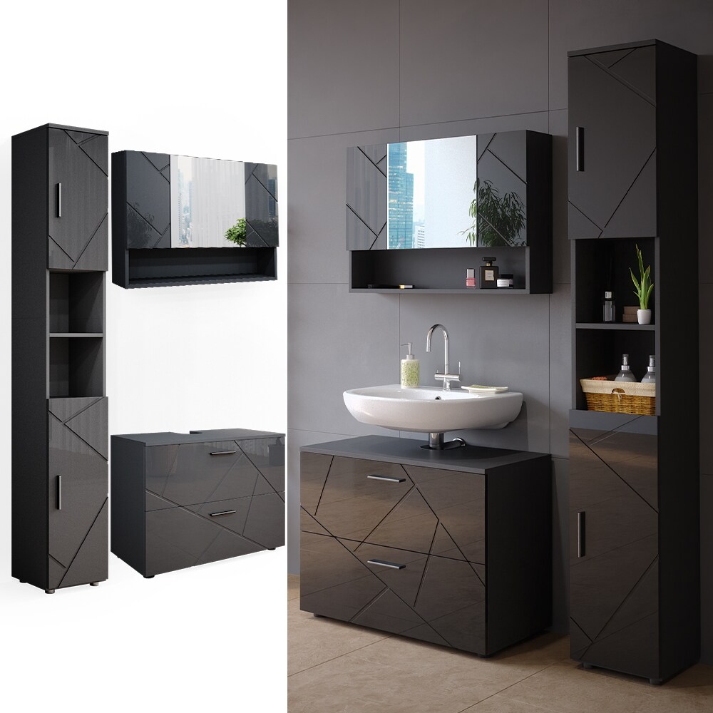 Vicco Badmöbelset Irma Anthrazit Hochglanz modern 80 cm 30 cm Badezimmerschrank Badschrank Badezimmermöbel Waschtischunterschrank Spiegelschrank Hochschrank Schranktür Schrankfach Schrankschublade
