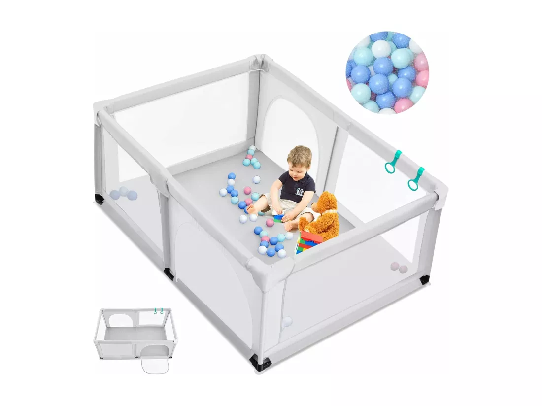 Parc Bébé avec 2 Poignées et 50 Balles Colorées, Aire de Jeu en Maille Respirante avec Porte de Sécurité, Ventouses Antidérapantes, Clôture Intérieur Extérieur 120 x 190 x 68 cm, Gris