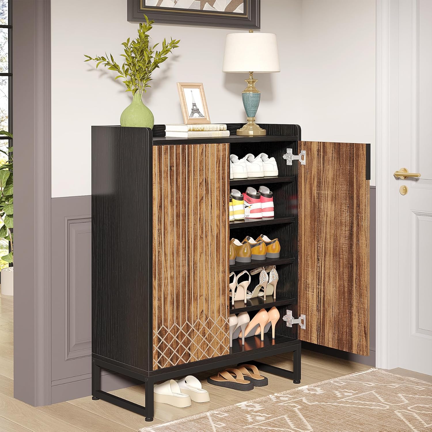 Tribesigns Schuhschrank mit 2 Türen, 73x35x105cm, Schuhregal Schuhkommode für 25 Paare, Schuhschrank mit Metallrahmen, Schuhkipper Schmal, Schrank Flur Schuhkommode im Flur, Braun & Schwarz