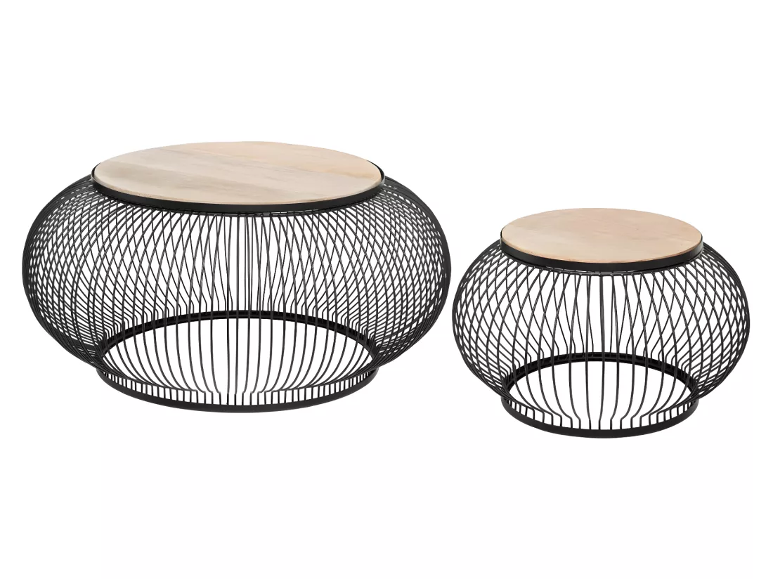 Set de 2 Tables Basses en Bois de Manguier et Métal filaire Noir
