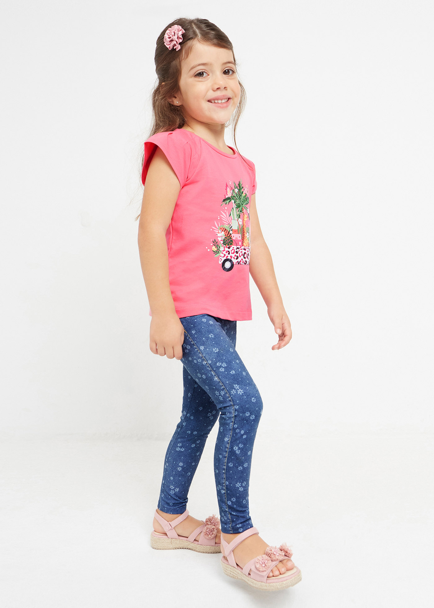 Calças legging compridas com efeito jeans para meninas, feitas de algodão sustentável.