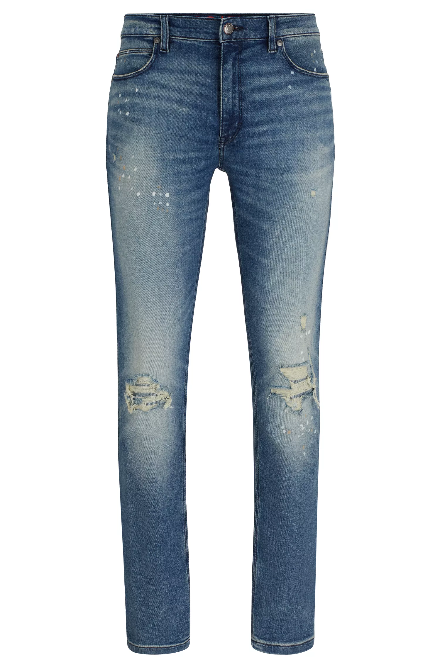 Calça jeans HUGO vermelha, extra slim fit, em denim azul com elasticidade confortável.