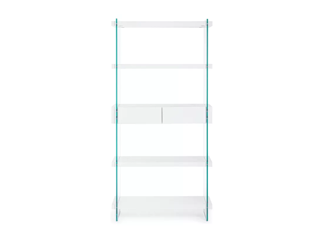 Bibliothèque 2 tiroirs 4 niveaux bois blanc et verre trempé Lina 90cm