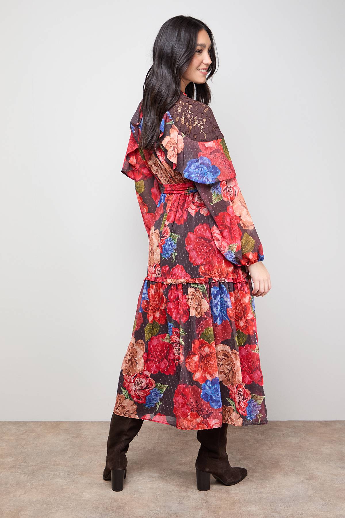 Oasis Robe Midi à Taille Ceinturée avec Détail Cape en Mousseline Imprimée