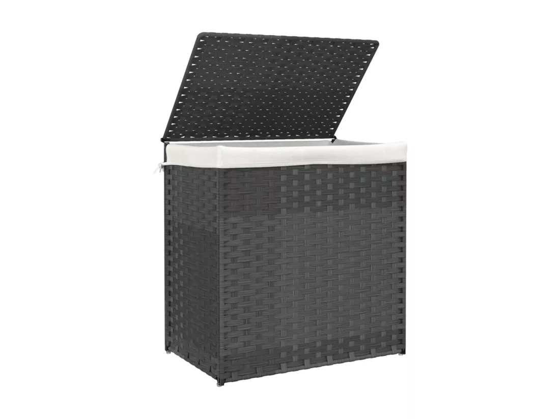 Panier à linge avec 2 sections gris 53x35x57 résine tressée