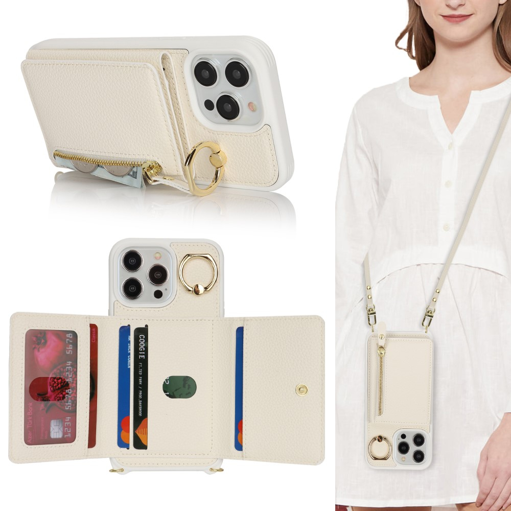 iPhone 15 Pro Necklace Leder Hülle mit Münzfach und Kartenfächer   Finger Griff Halterung   Handykette - Weiss