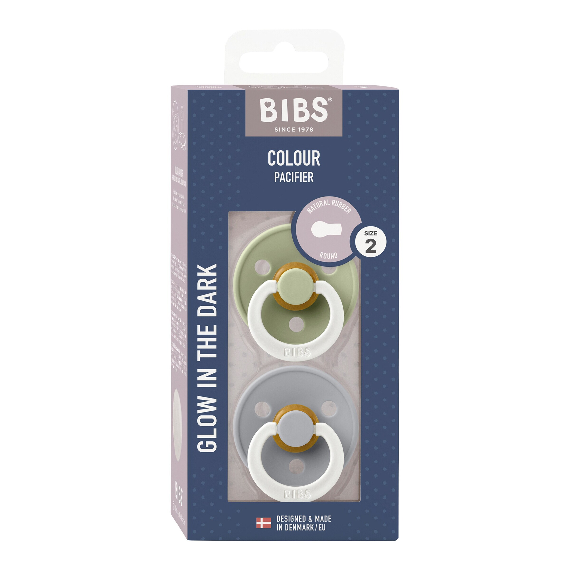 BIBS 2er-Pack Colour GLOW Schnuller Latex, 6-18M Sage / Cloud