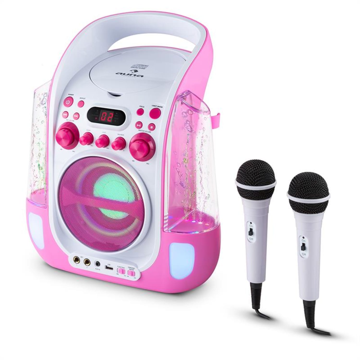 Kara Liquida Karaokeanlage CD USB MP3 Wasserstrahl LED 2x Mikro mobil Pink