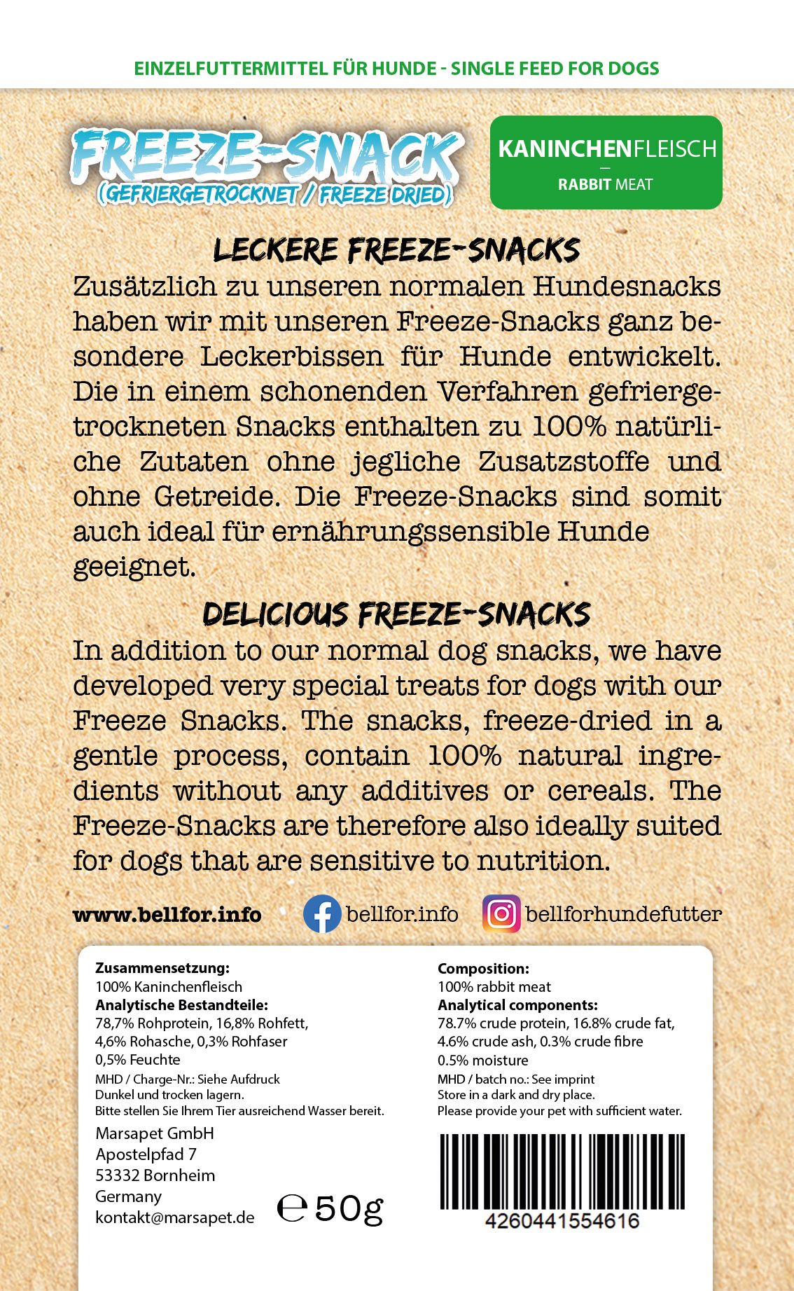 Bellfor Gesunder Freeze-Snack für Hunde - Kaninchenfleisch (gefriergetrocknet)