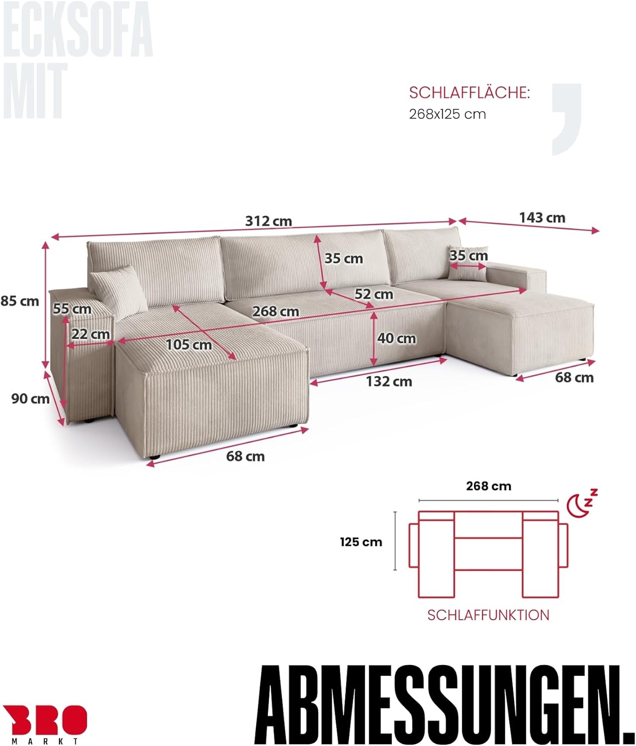 BROMARKT Ecksofa mit Schlaffunktion Cord Grau Wohnlandschaft u Form Big Sofa Schlafsofa mit Bettkasten Schlafcouch Wohnzimmer Couch 5 sitzer 312x143x85 cm ADI