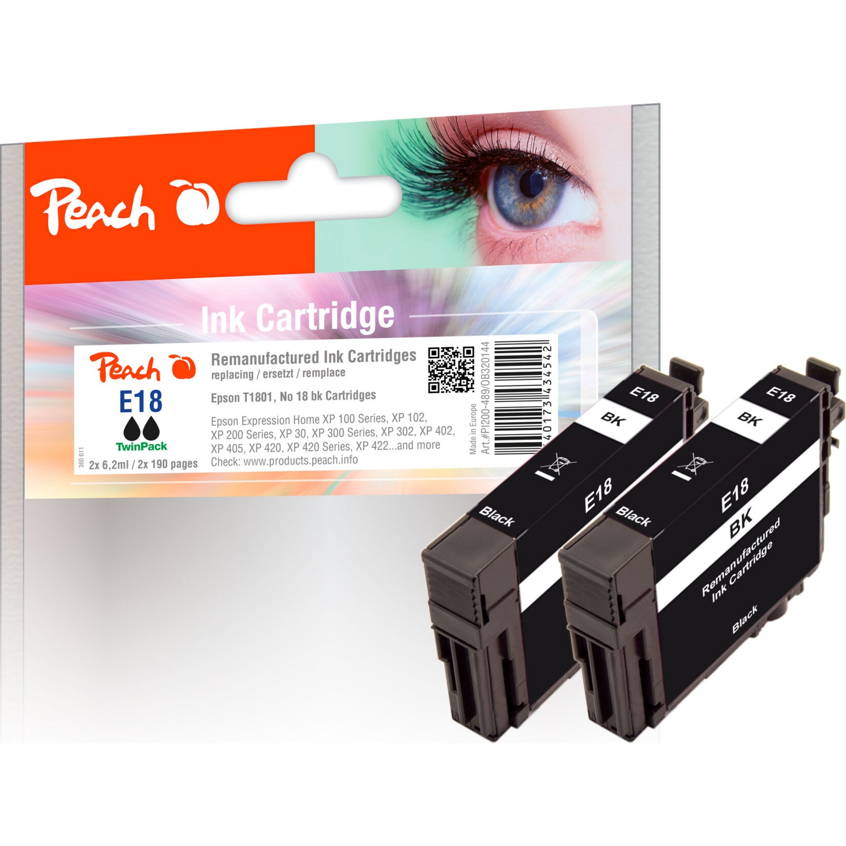 Peach E18 bk 2 Druckerpatronen 2*bk ersetzt Epson No. 18 bk*2, C13T18014010*2 für z.B. Epson Expression Home XP -100, Epson Expression Home XP -102 (wiederaufbereitet)
