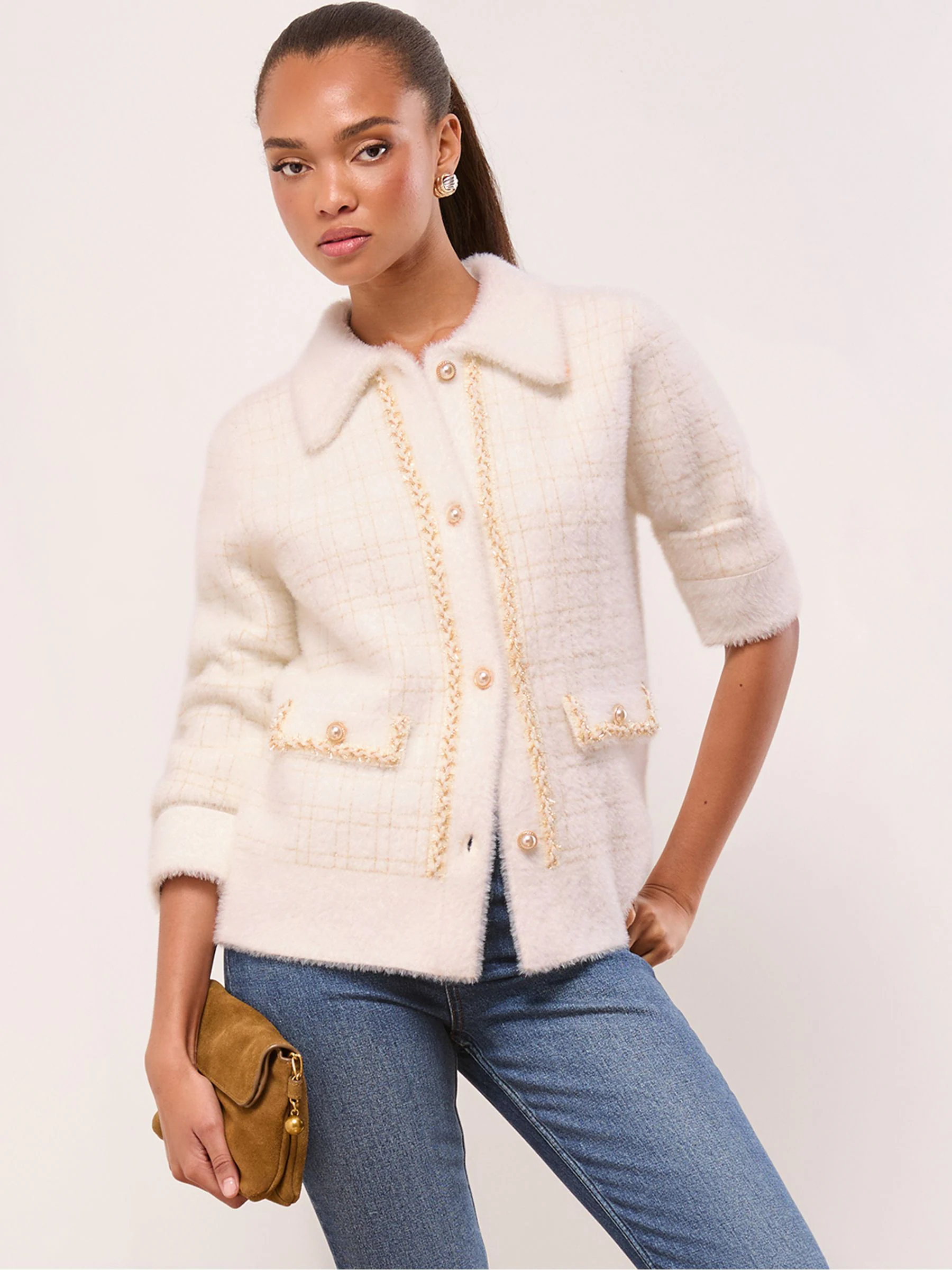 Lipsy Check Brushed Eyelash Collared Knitted Cardigan Jacket